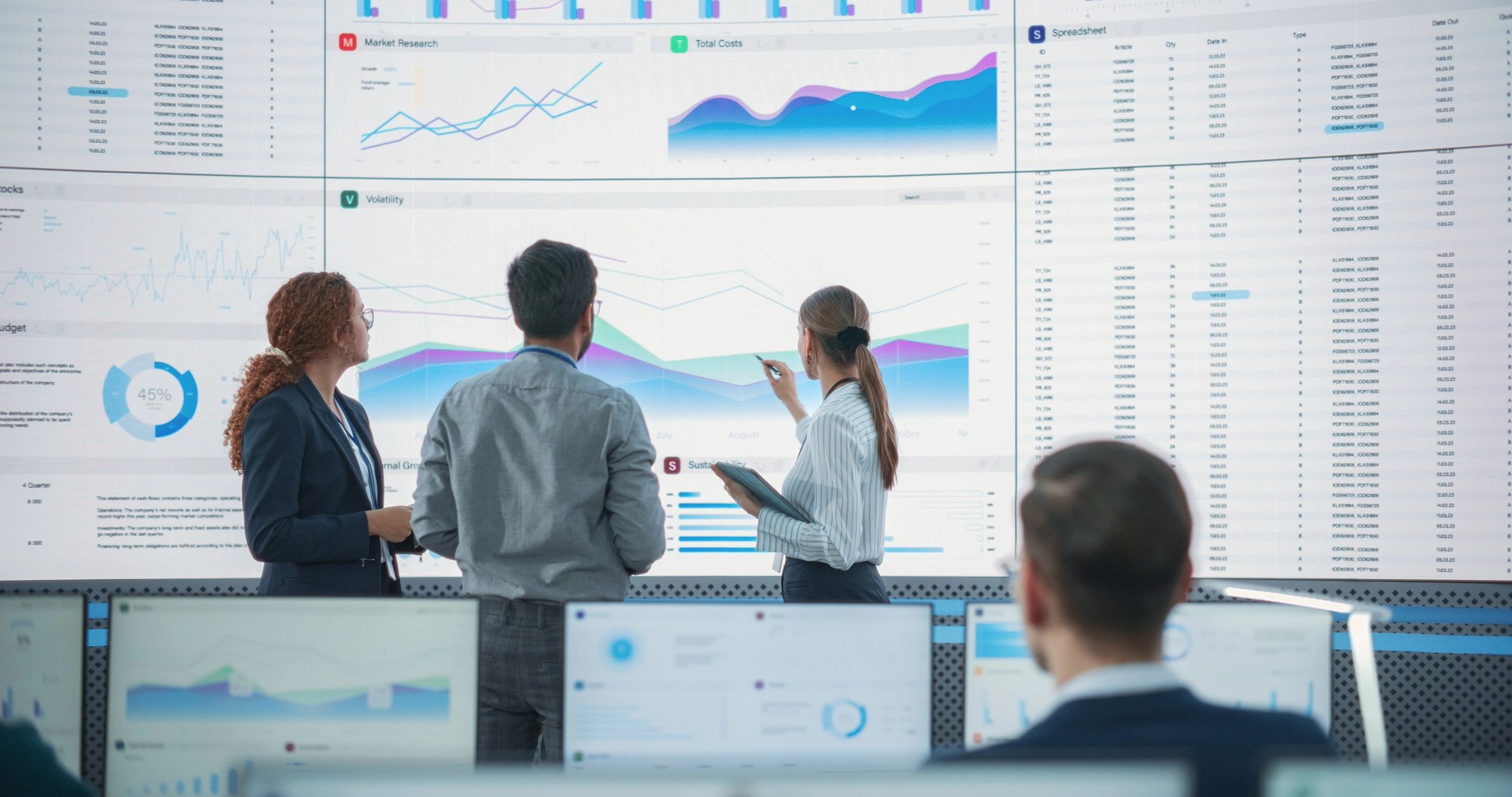 Team reviewing cloud dashboards on a large screen